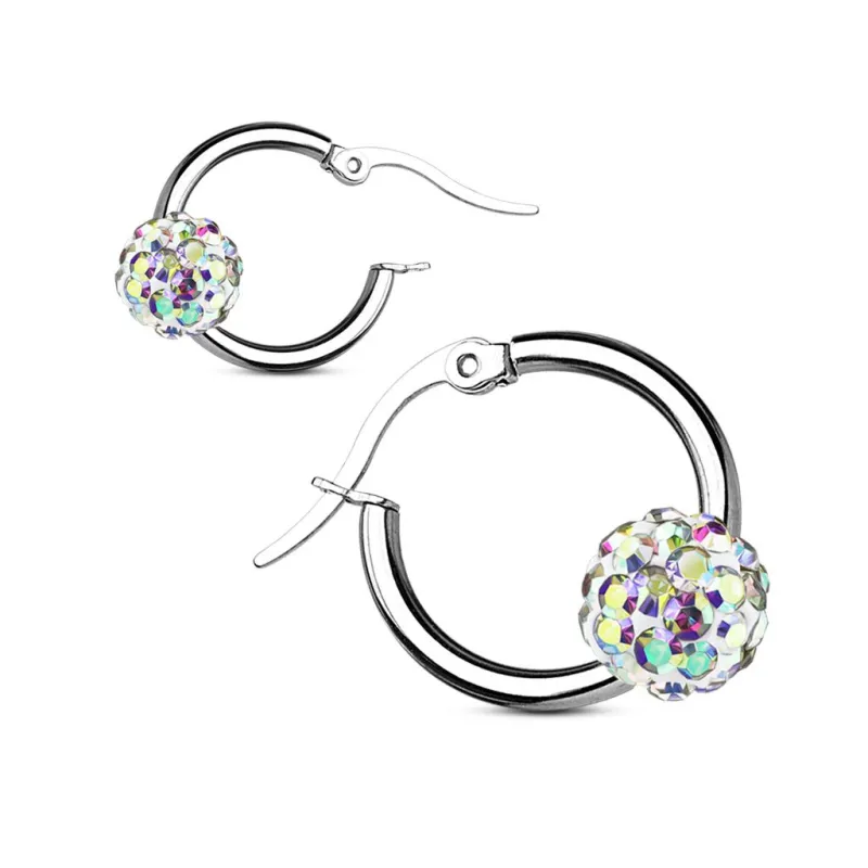 Paire boucles d'oreille anneaux boule cristal aurore boréale