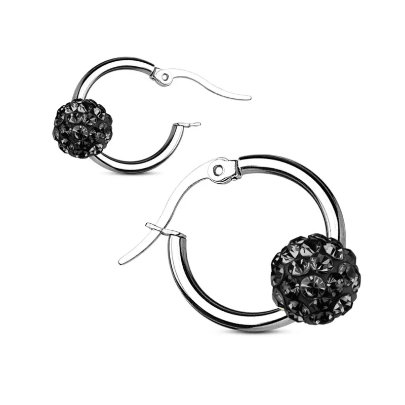 Paire boucles d'oreille anneaux boule cristal noir