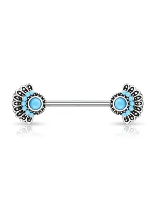 Piercing téton acier éventail tribal turquoise