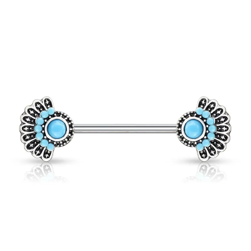 Piercing téton acier éventail tribal turquoise