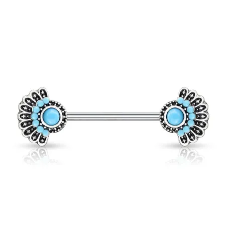 Piercing téton acier éventail tribal turquoise