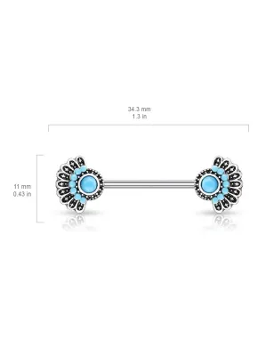 Piercing téton acier éventail tribal turquoise