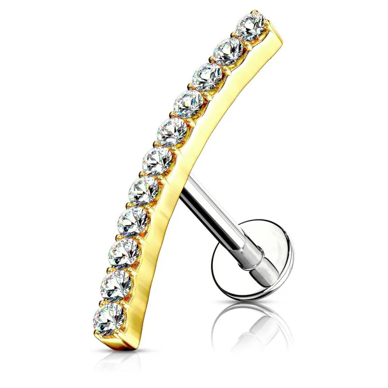 Piercing labret oreille ligne de strass courbée plaqué or