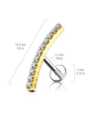 Piercing labret oreille ligne de strass courbée plaqué or