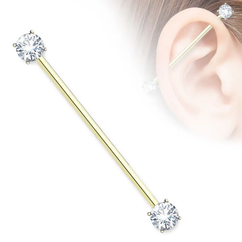 Piercing industriel oreille plaqué or double zirconium blanc