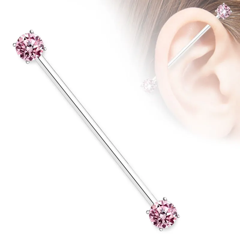 Piercing industriel oreille double zirconium rose