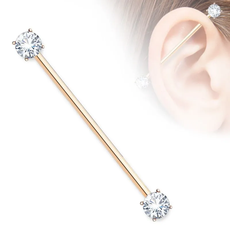 Piercing industriel oreille plaqué or rose double zirconium blanc