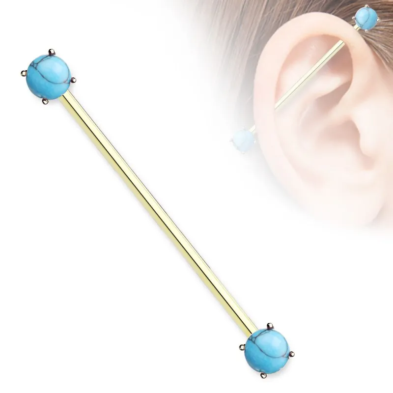 Piercing industriel oreille plaqué or double pierre turquoise