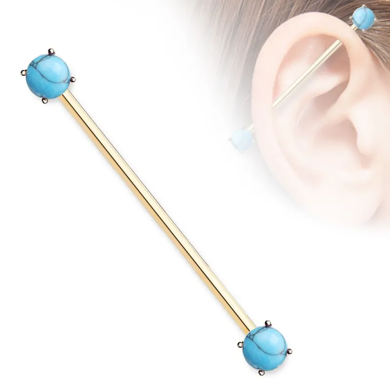 Piercing industriel oreille plaqué or rose double pierre turquoise