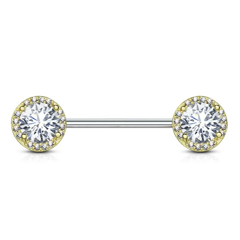 Piercing téton plaqué or zirconium rond pavé de strass