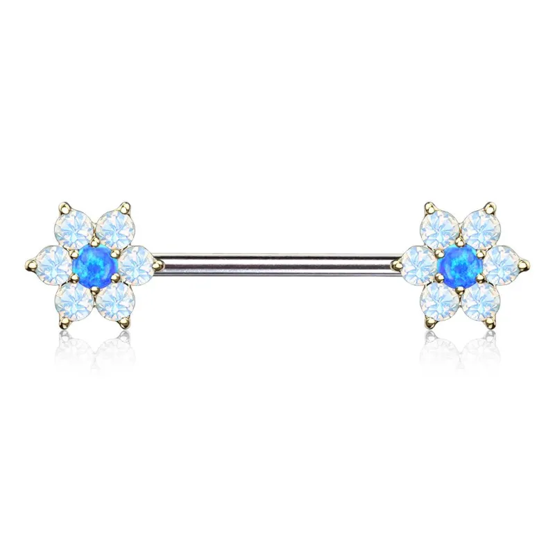 Piercing téton doré double fleurs opalite bleu