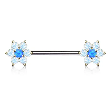 Piercing téton doré double fleurs opalite bleu