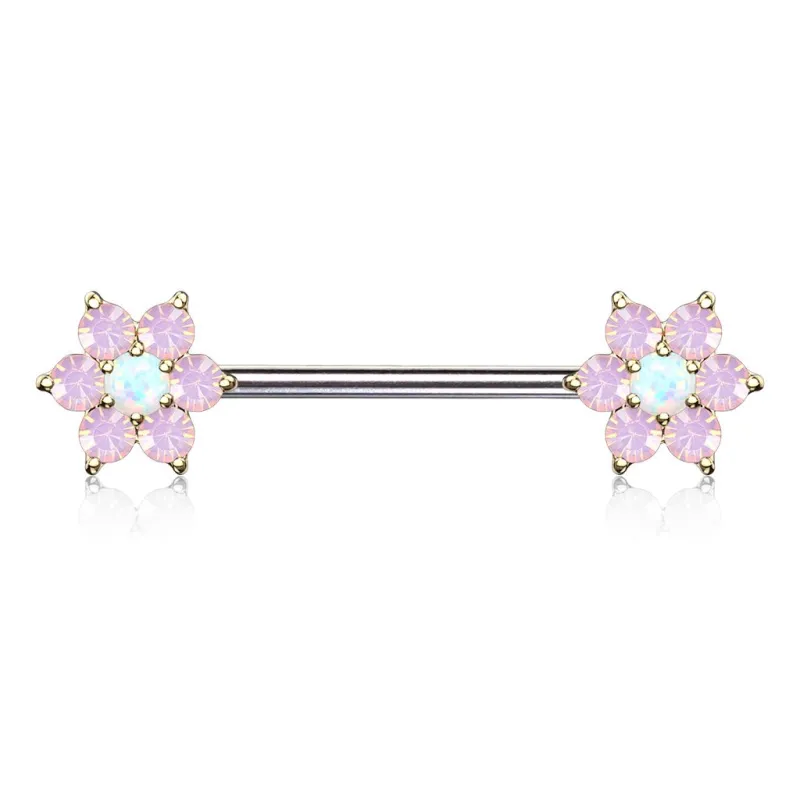 Piercing téton doré double fleurs opalite blanche