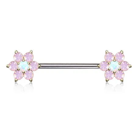 Piercing téton doré double fleurs opalite blanche