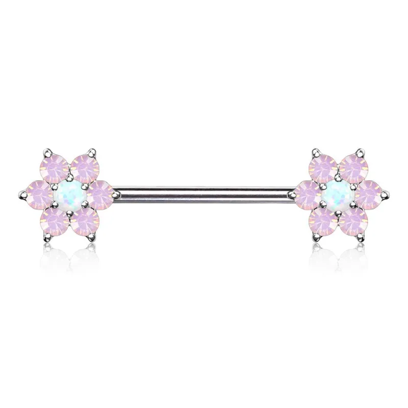 Piercing téton acier double fleurs opalite blanche