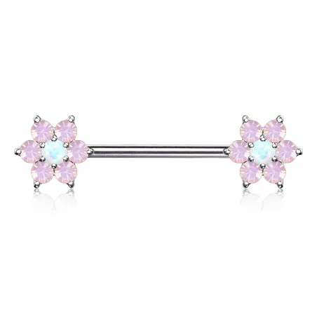 Piercing téton acier double fleurs opalite blanche