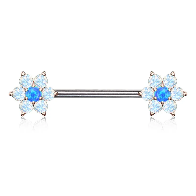 Piercing téton rosé double fleurs opalite bleu