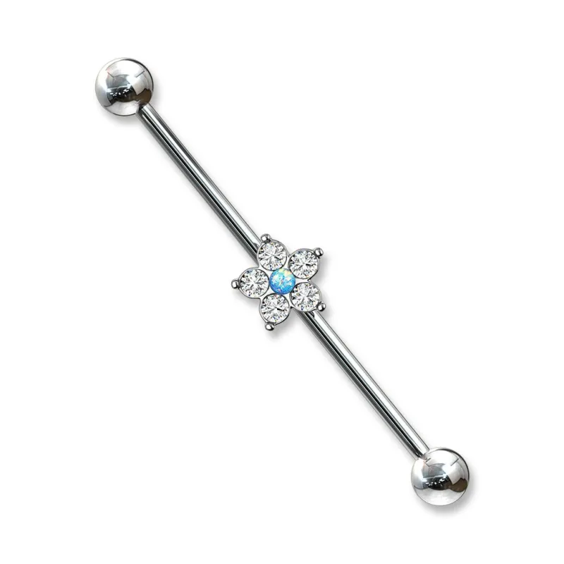 Piercing industriel oreille fleur opaline bleue