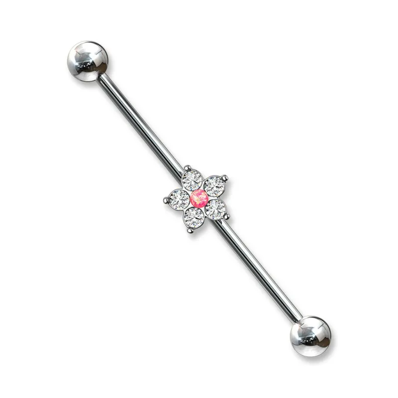 Piercing industriel oreille fleur opaline rose