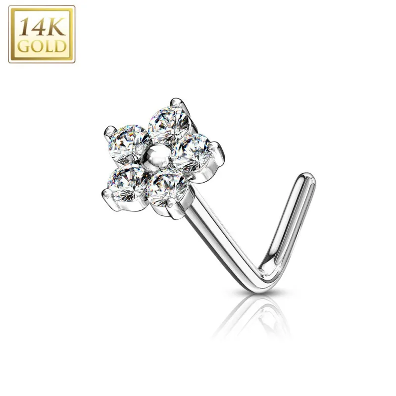 Piercing nez Or blanc 14 carats fleur pierres blanches