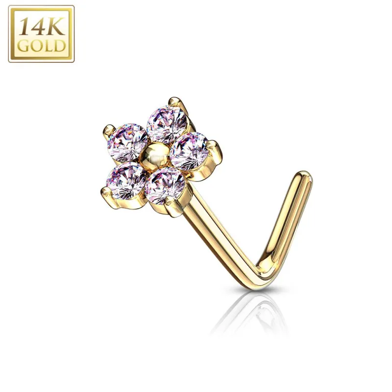 Piercing nez Or jaune 14 carats fleur pierres rose