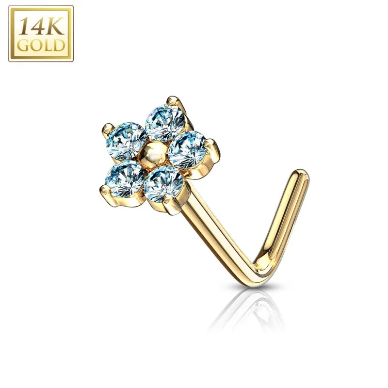 Piercing nez Or jaune 14 carats fleur pierres turquoise