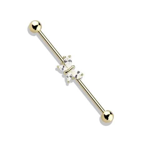 Piercing industriel oreille plaqué or papillon 4 gemmes