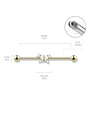 Piercing industriel oreille plaqué or papillon 4 gemmes