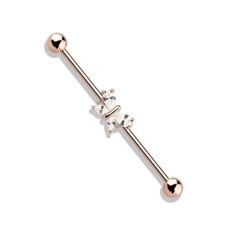 Piercing industriel oreille plaqué or rose papillon 4 gemmes