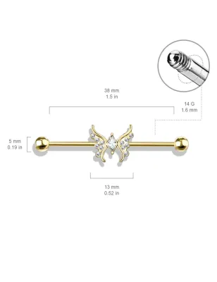 Piercing industriel oreille doré papillon marquise cristaux