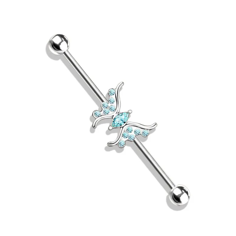 Piercing industriel oreille papillon marquise cristaux turquoise