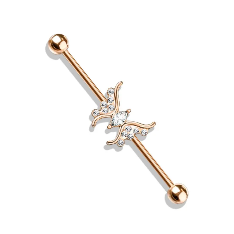 Piercing industriel oreille rosé papillon marquise cristaux