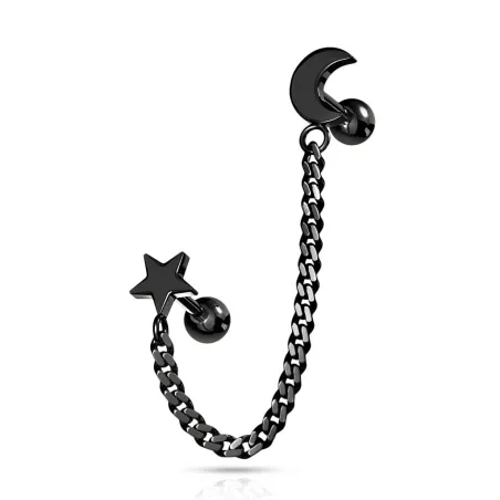 Double piercing cartilage oreille chaine étoile lune noir