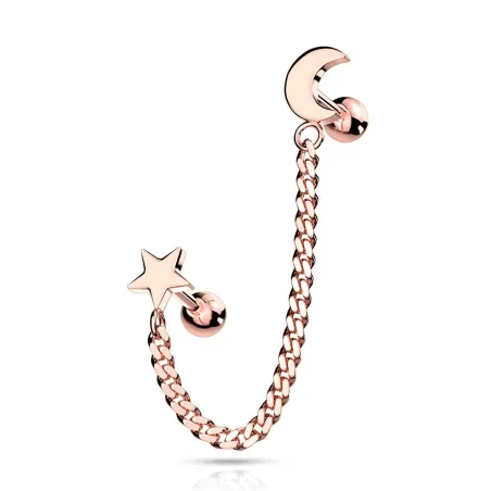 Double piercing cartilage oreille chaine étoile lune rosé