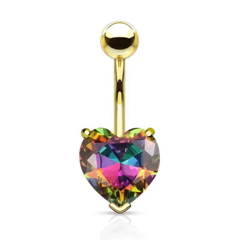 Piercing nombril doré coeur cristal aurore boréale multicolore