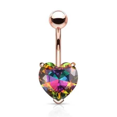 Piercing nombril rosé coeur cristal aurore boréale multicolore