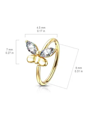 Piercing nez anneau papillon doré strass