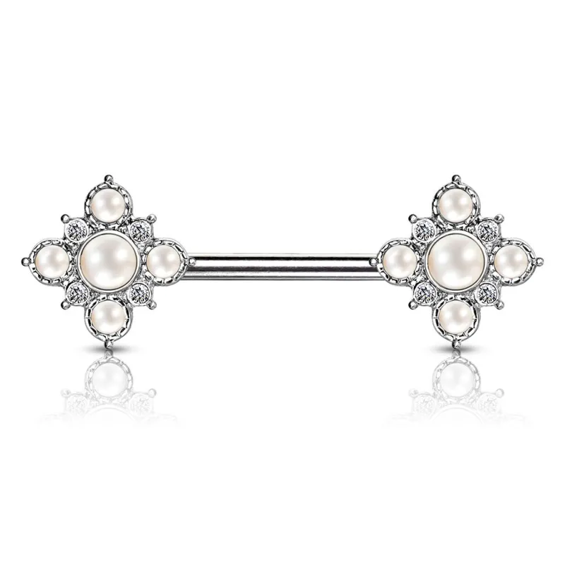 Piercing téton losange floral argenté perles cristaux