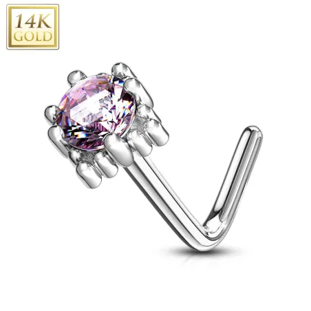 Piercing nez Or blanc 14 carats carré gemme rose