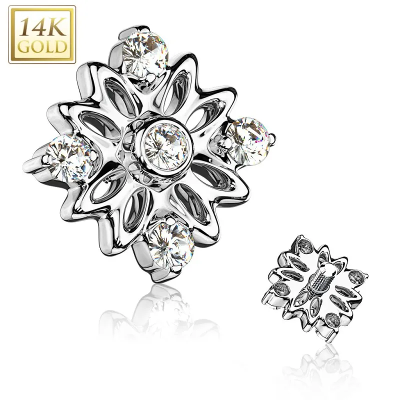 Piercing microdermal Or blanc 14 Carats fleur 5 strass