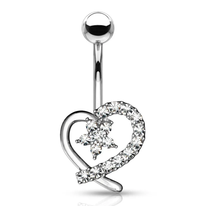 Piercing nombril coeur avec fleur pavée