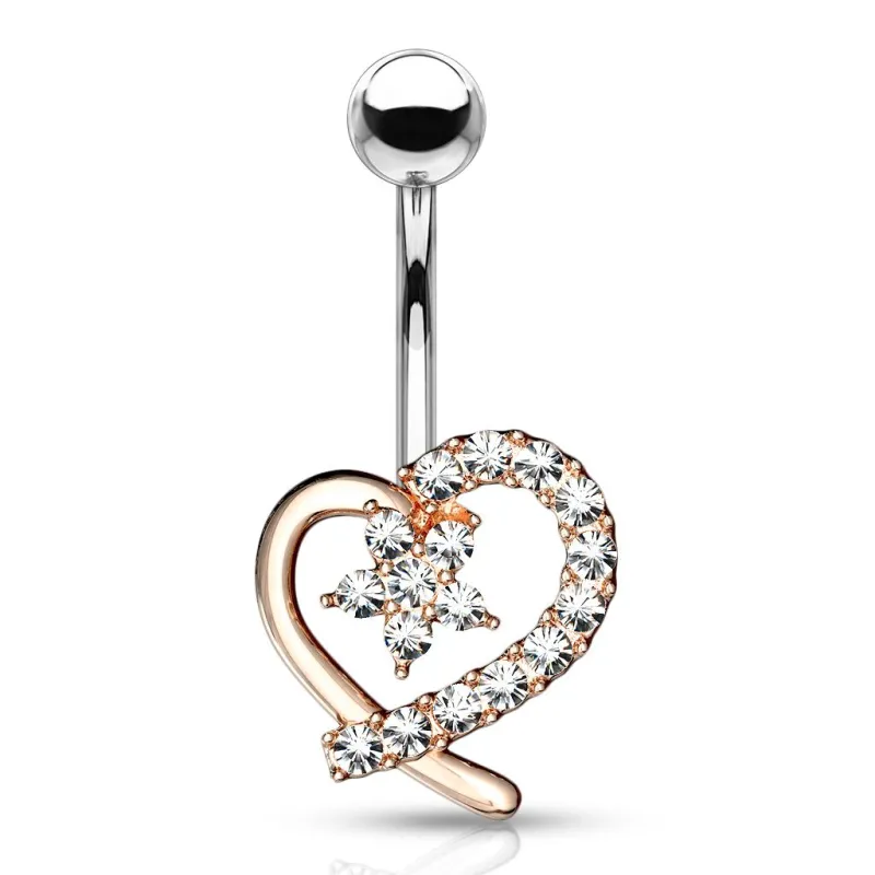 Piercing nombril coeur rosé avec fleur pavée