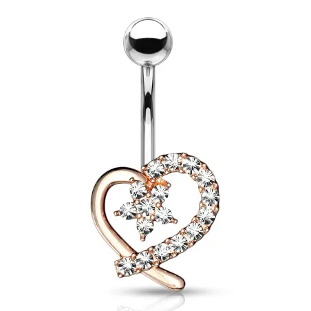 Piercing nombril coeur rosé avec fleur pavée