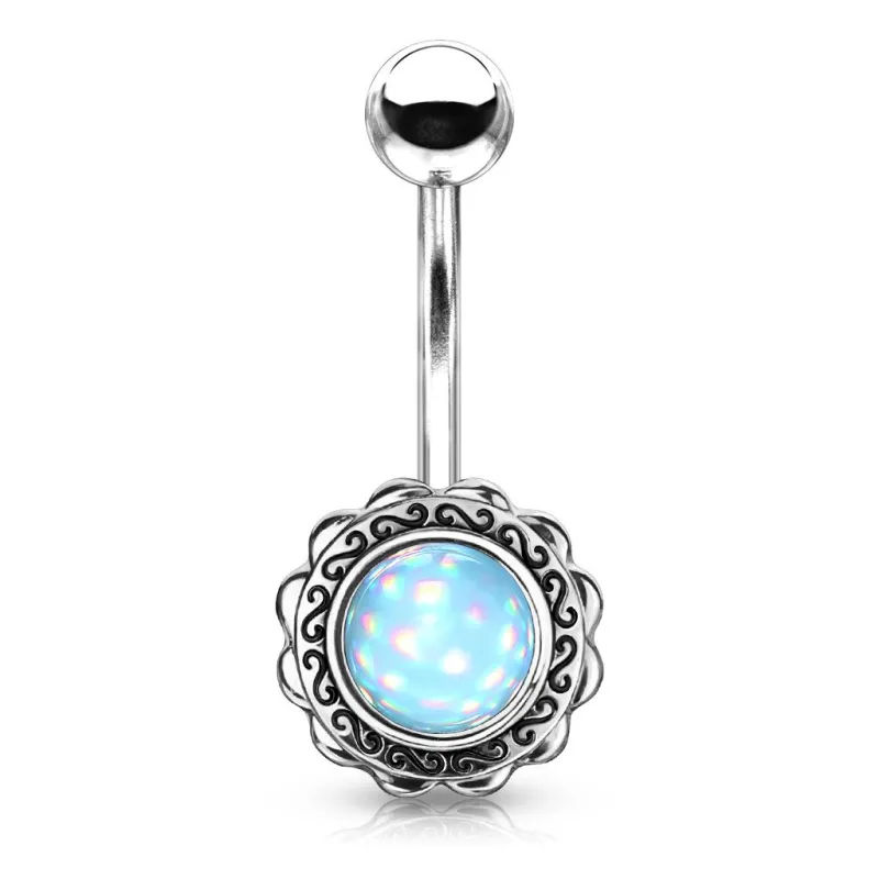 Piercing nombril fleur pierre lumineuse bleue