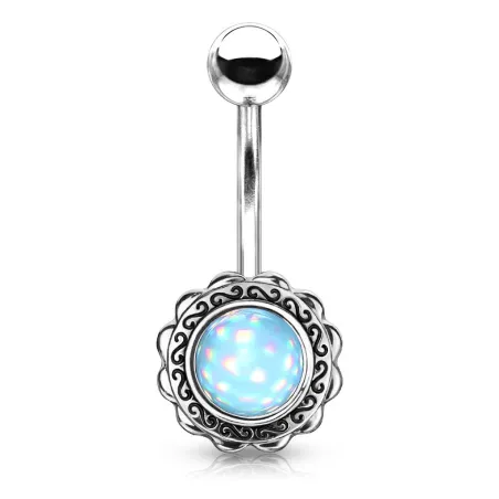 Piercing nombril fleur pierre lumineuse bleue