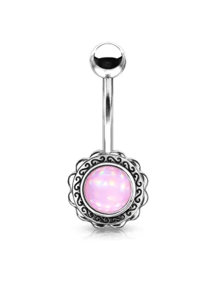 Piercing nombril fleur pierre lumineuse rose