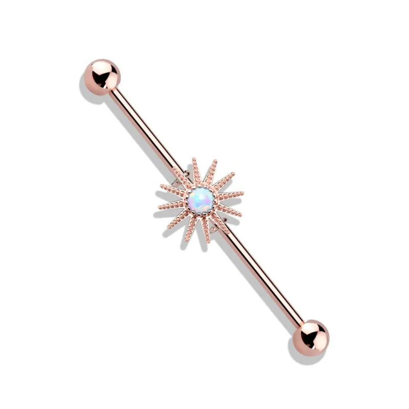 Piercing industriel oreille plaqué or rose soleil opale blanche