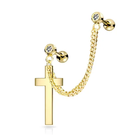 Double piercing cartilage oreille chaine croix doré