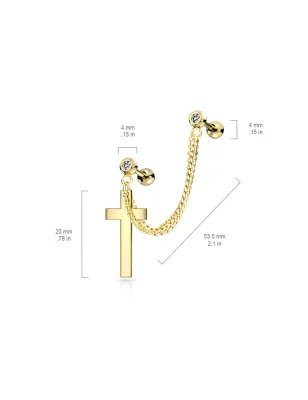 Double piercing cartilage oreille chaine croix doré