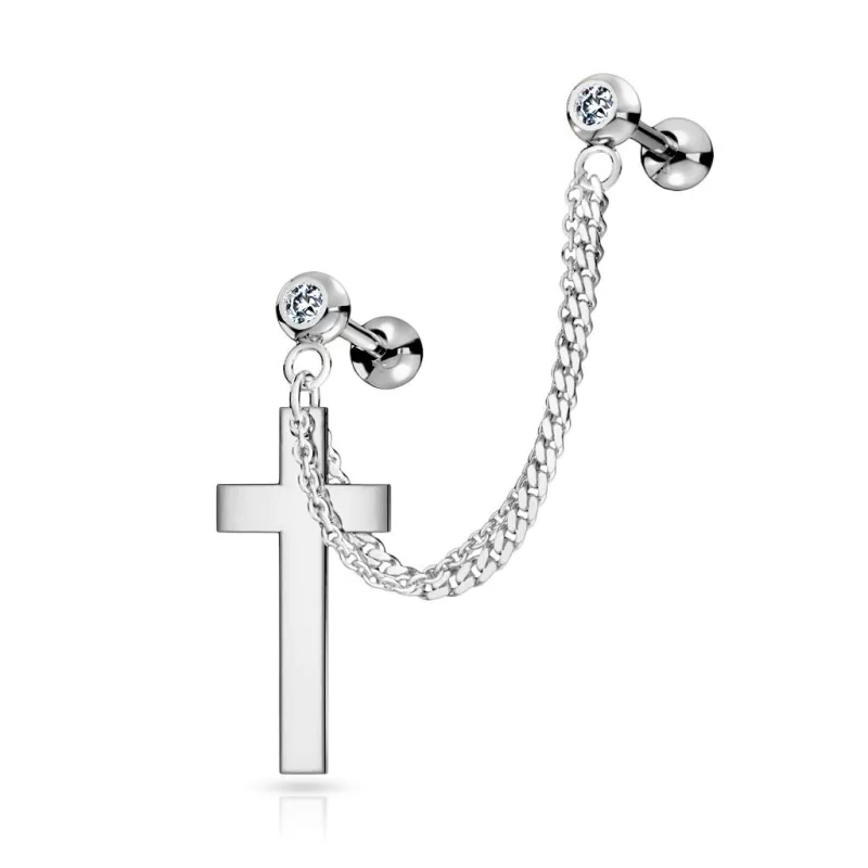 Double piercing cartilage oreille chaine croix argenté